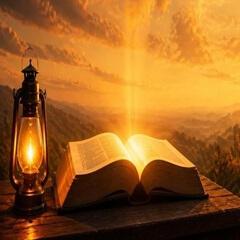 Lámpara junto a una Biblia abierta al amanecer